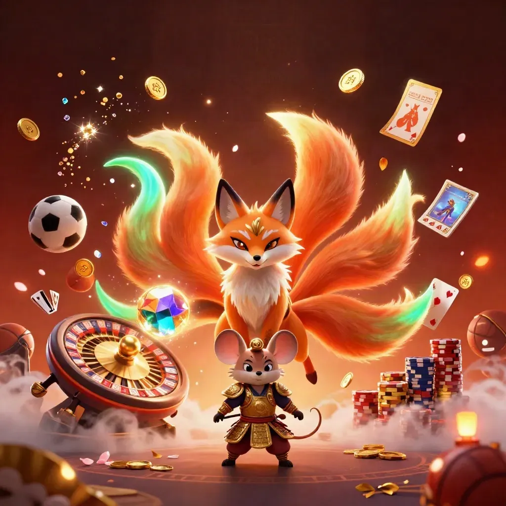 Neon fox spirit with samurai mouse amid casino chips, coins, cards and glowing ember haze.