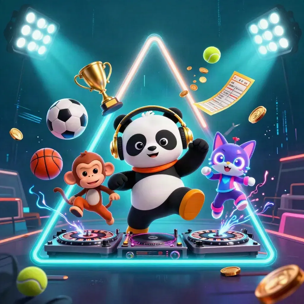 DJ panda, breakdancing monkey, and glow-stick kitten amid neon sports betting chaos.