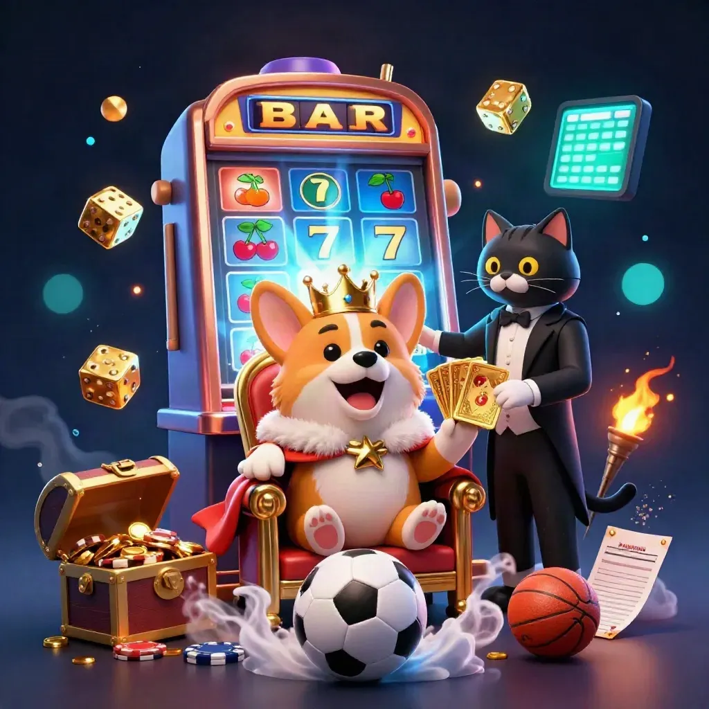 Crowned corgi and cat butler amid casino burst, soccer ball, chips, cyan-orange glow.