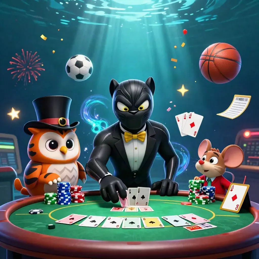 Panther, owl and mouse deal cards amid chips, balls, confetti and glowing casino lights.