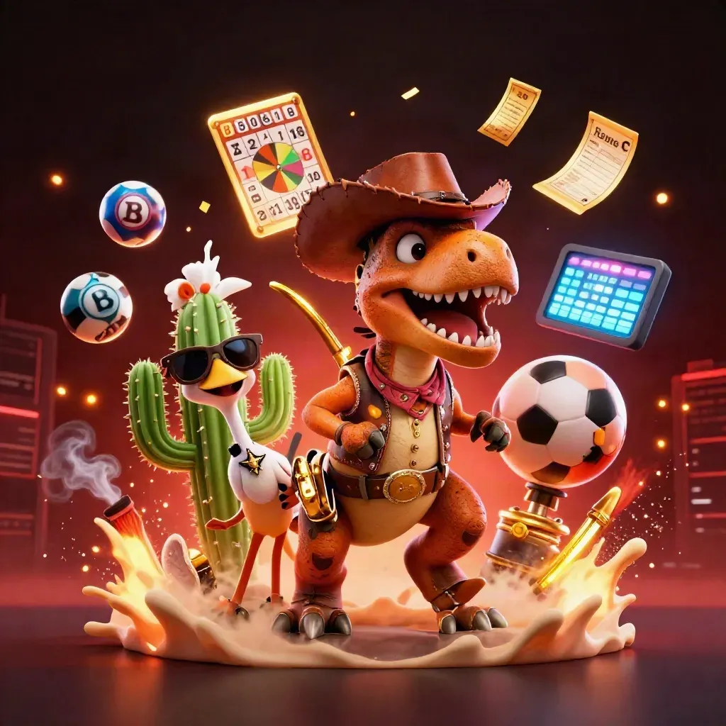 Cowboy T-Rex trio with casino props, prize wheel, lottery balls, and neon skyline.