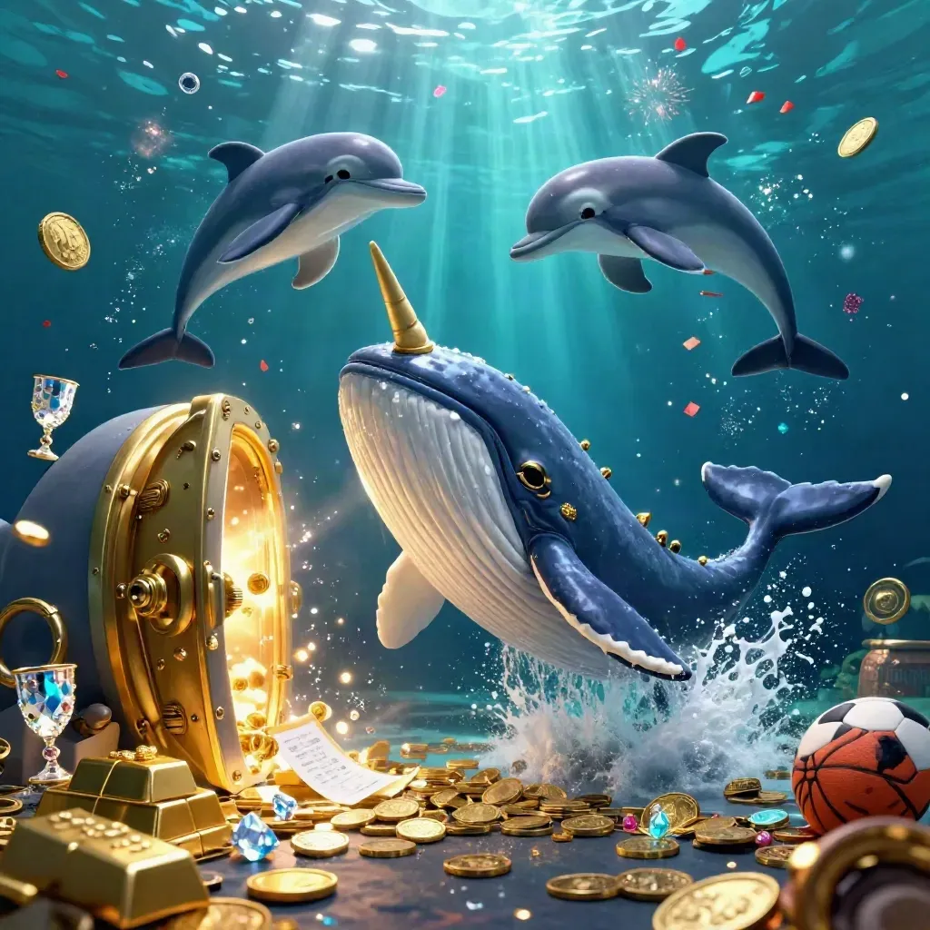 Whale captain, narwhal and dolphins erupt through coins under a treasure vault glow.