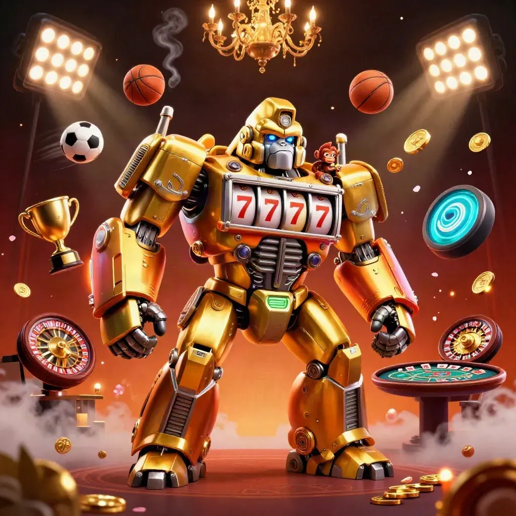 Golden gorilla mech with monkey pilot amid casino glow, sports balls, trophy, roulette, and neon beams.