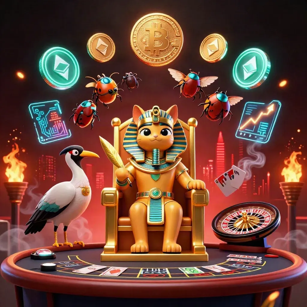 Pharaoh cat and ibis in a neon casino scene with coins, charts, and scarab wings