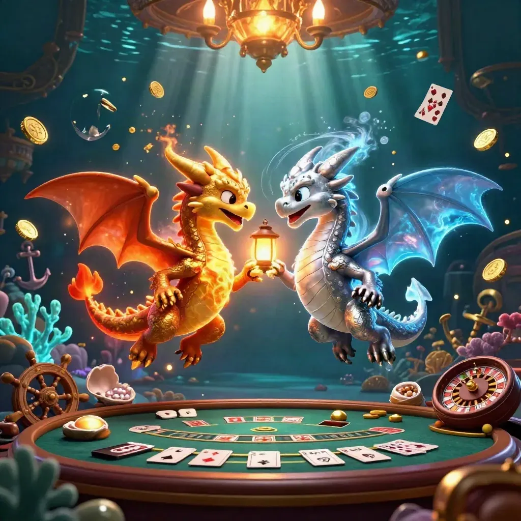 Twin gold and silver dragons spiral through an underwater casino cove of treasure and glowing light.