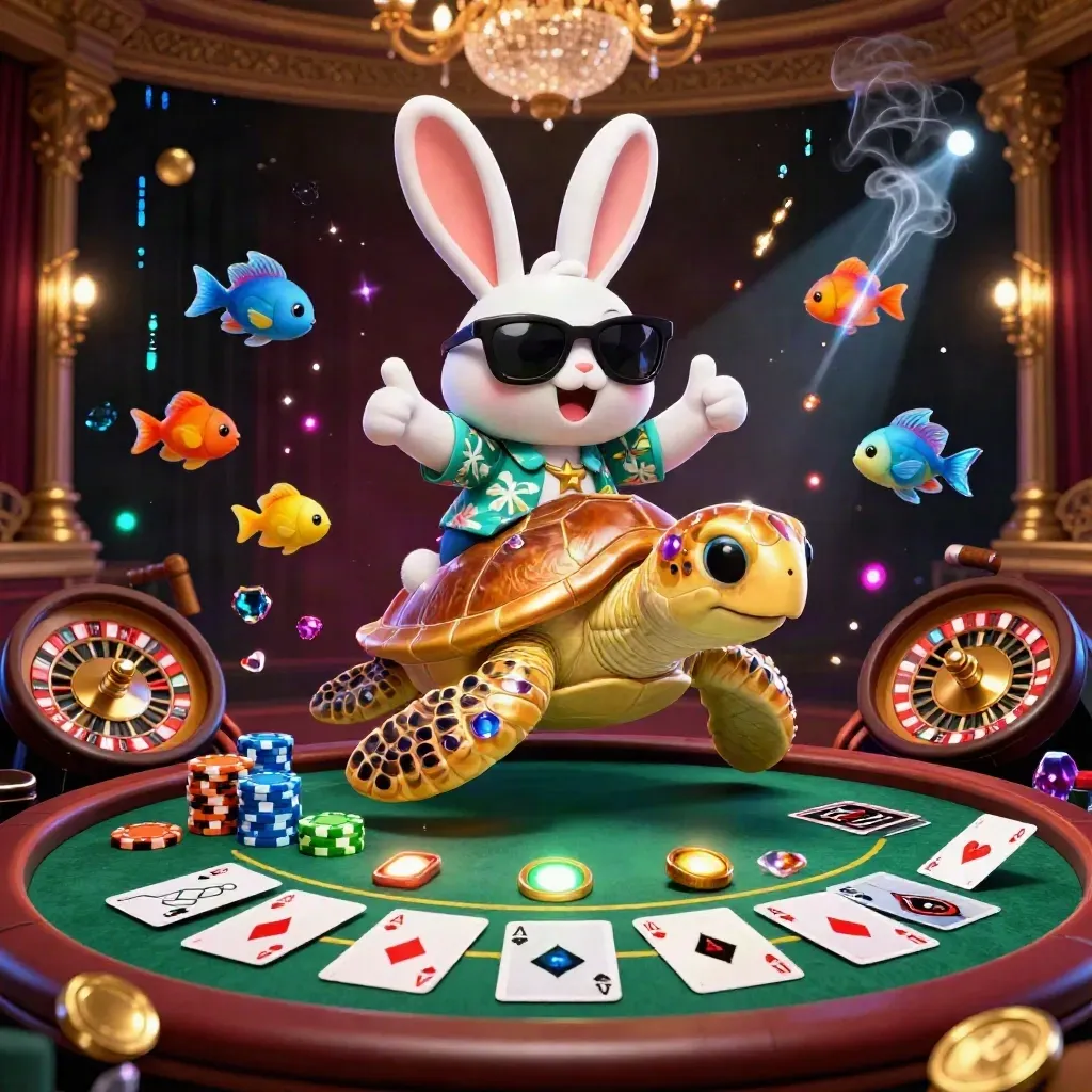Cartoon rabbit on a gem turtle in a neon casino with chips, cards, roulette, and brass glow.