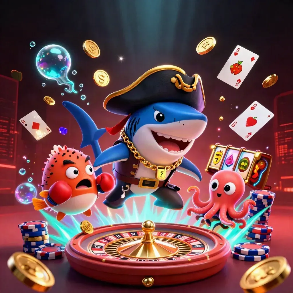 Pirate shark, boxing pufferfish, and coin-juggling octopus amid neon casino treasure glow