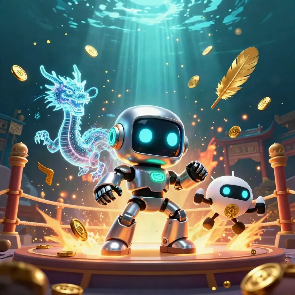 Cyberpunk robot, holographic dragon, and drone amid coins, temple gate, and neon-cyan glow