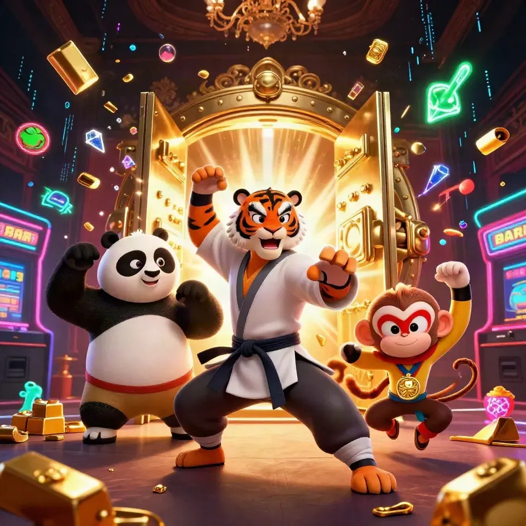 Kung-fu tiger, panda, and monkey burst from a treasure vault with gold, gems, and neon effects.