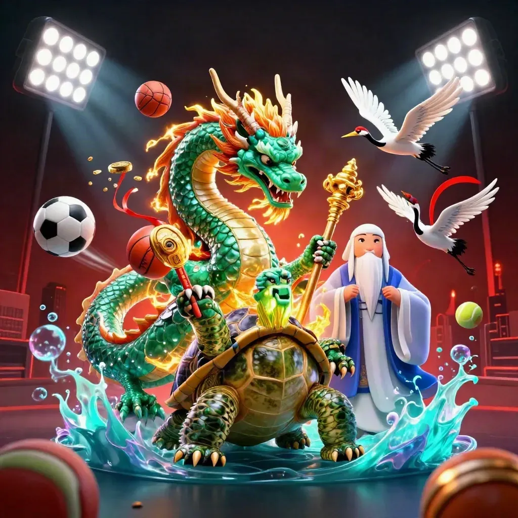 Emerald dragon, turtle sage, and cranes amid sports balls, trophy glow, and neon effects.