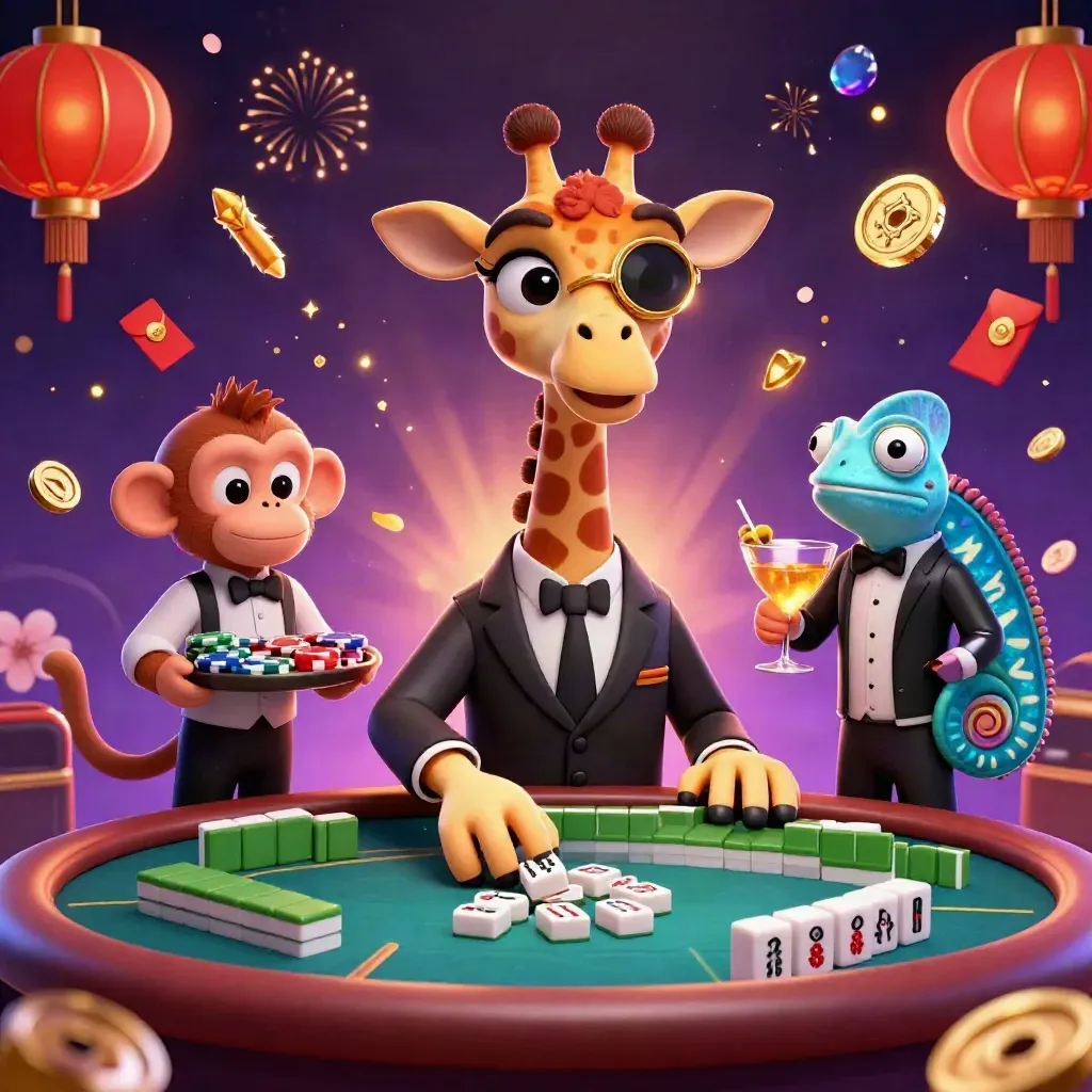 High-roller giraffe, monkey valet, and chameleon bartender amid casino magic and neon treasure.