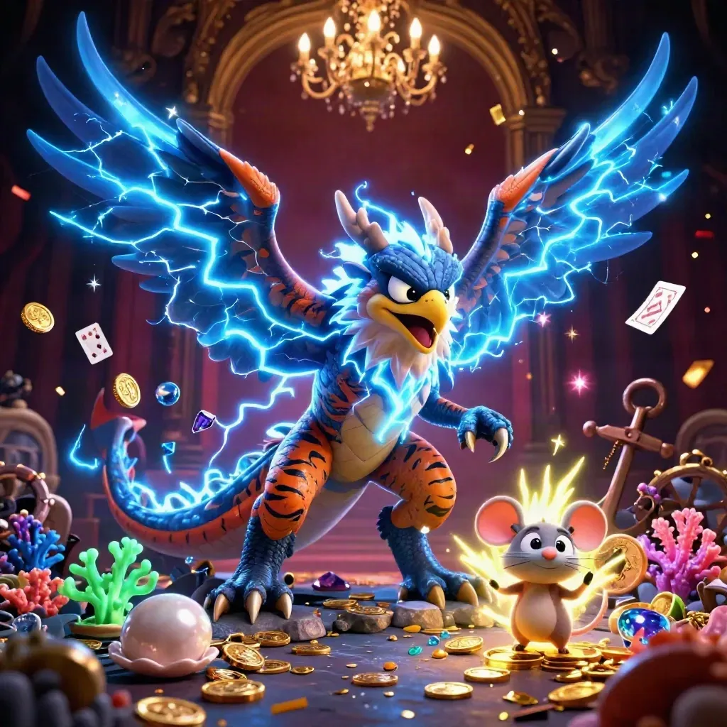 Thunder dragon, wind hawk, and static mouse amid treasure cove bursts on a dark neon backdrop.