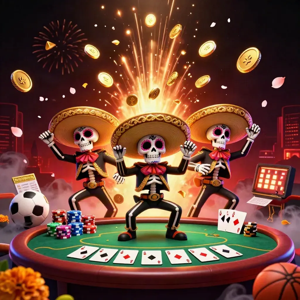 Day-of-the-Dead mariachi skeleton trio with casino loot, coins, fireworks, and esports glow