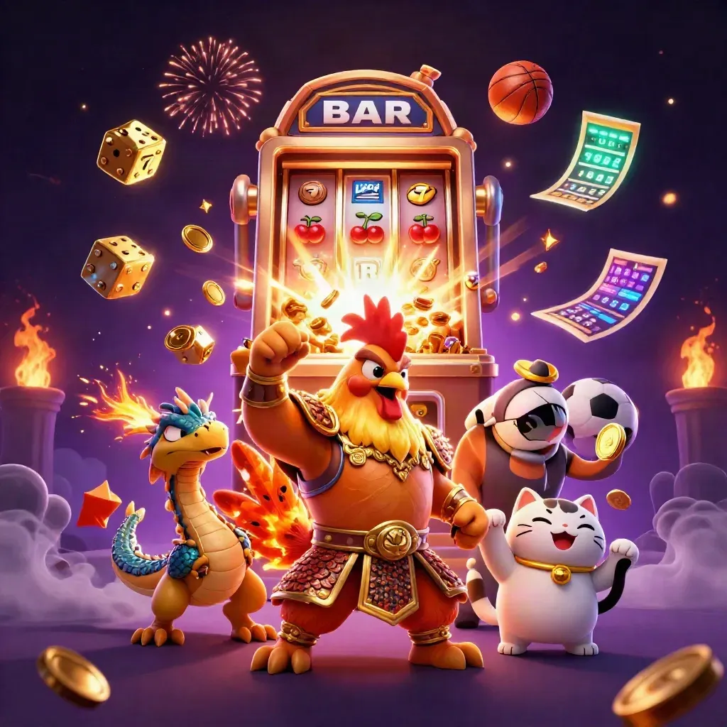 Tiger warrior, dragon hatchling and fortune-cat amid exploding gold, slots and neon casino energy.