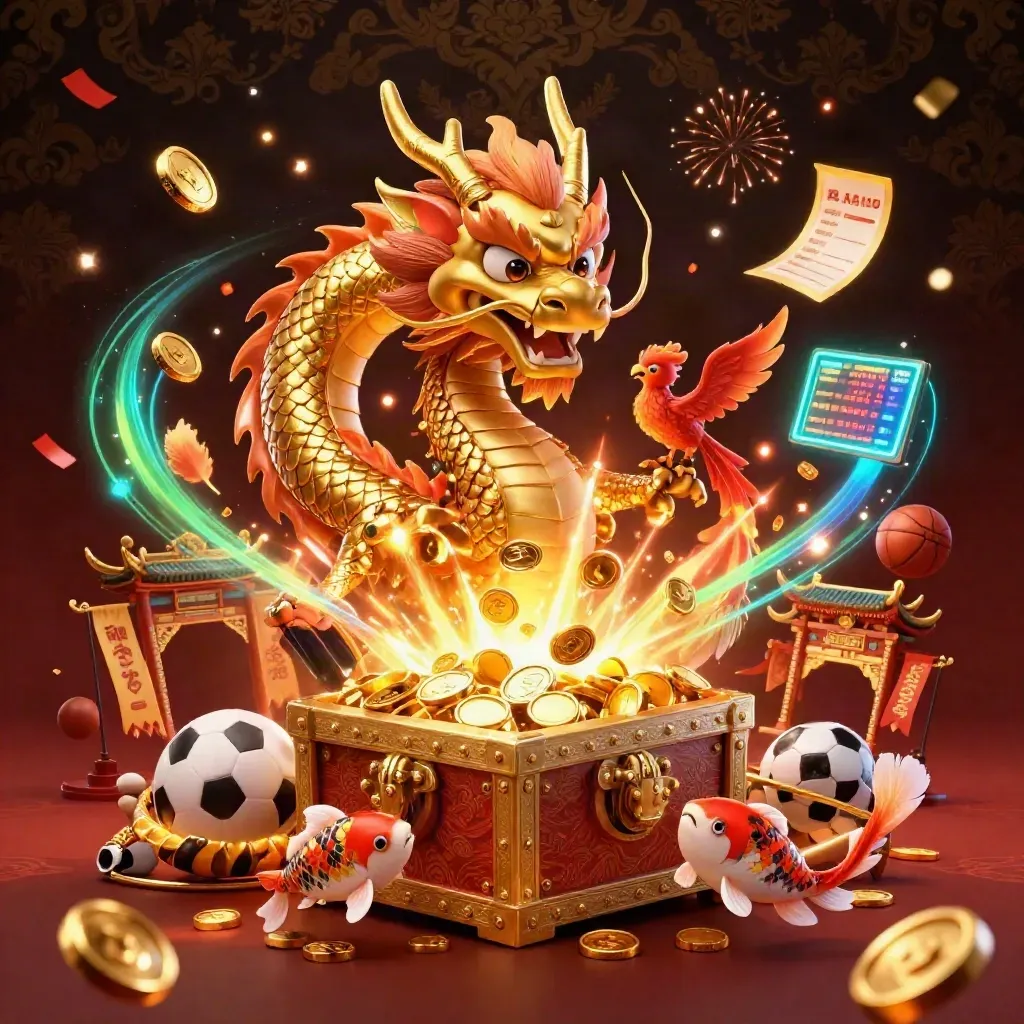 Golden dragon, phoenix, and koi amid treasure, fireworks, and casino glow in a dark luxe scene.