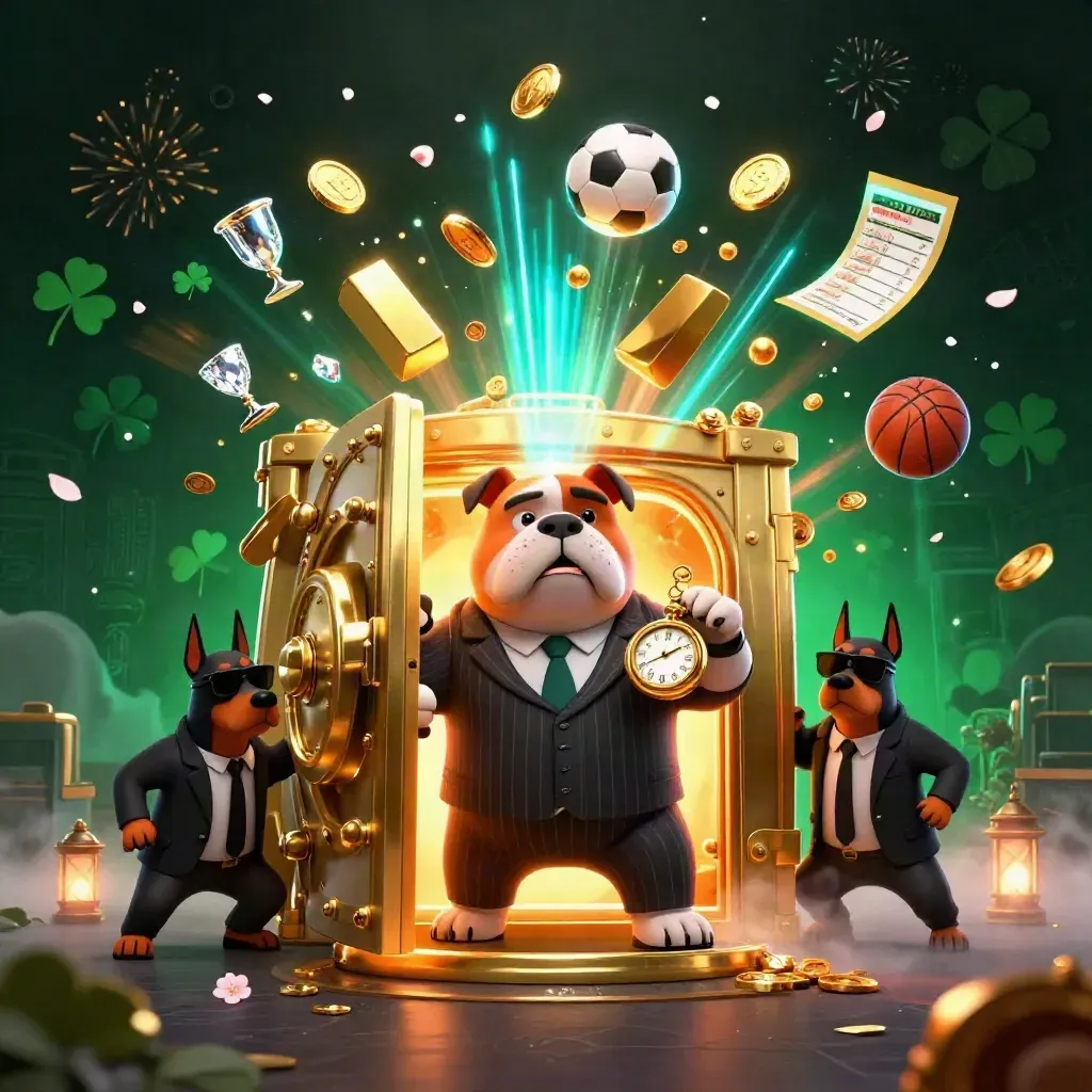 Bulldog mob boss with two Dobermans bursting from a golden vault amid coins, gems and fireworks.