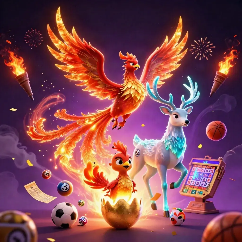 Fiery phoenix, baby phoenix, and crystal stag amid casino game bursts and neon fireworks.