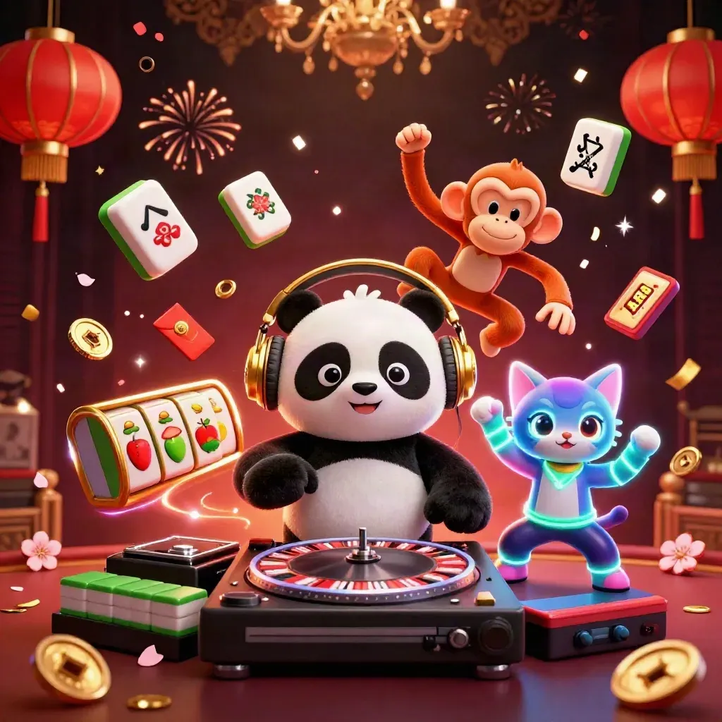 DJ panda, breakdancing monkey, and rave kitten surrounded by casino and festival effects.
