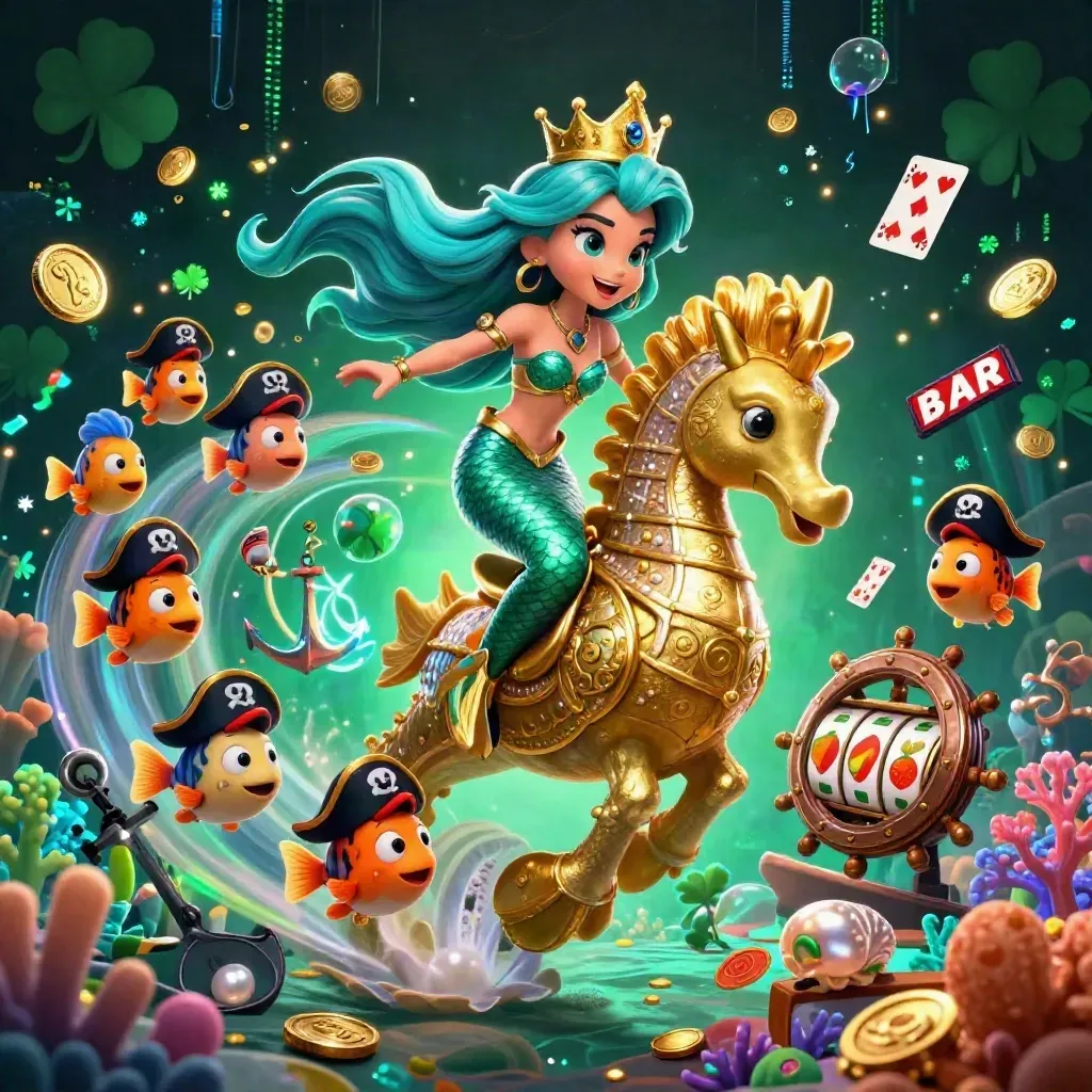 Mermaid princess riding armored seahorse, with pirate fish, coins, reels, and neon underwater casino glow.