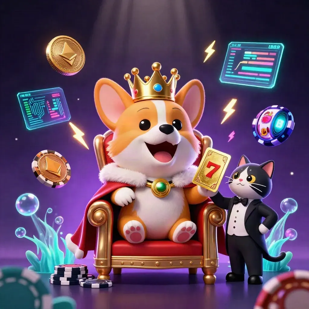 Royal corgi and cat butler on poker chips with neon crypto, slots, and casino glow.