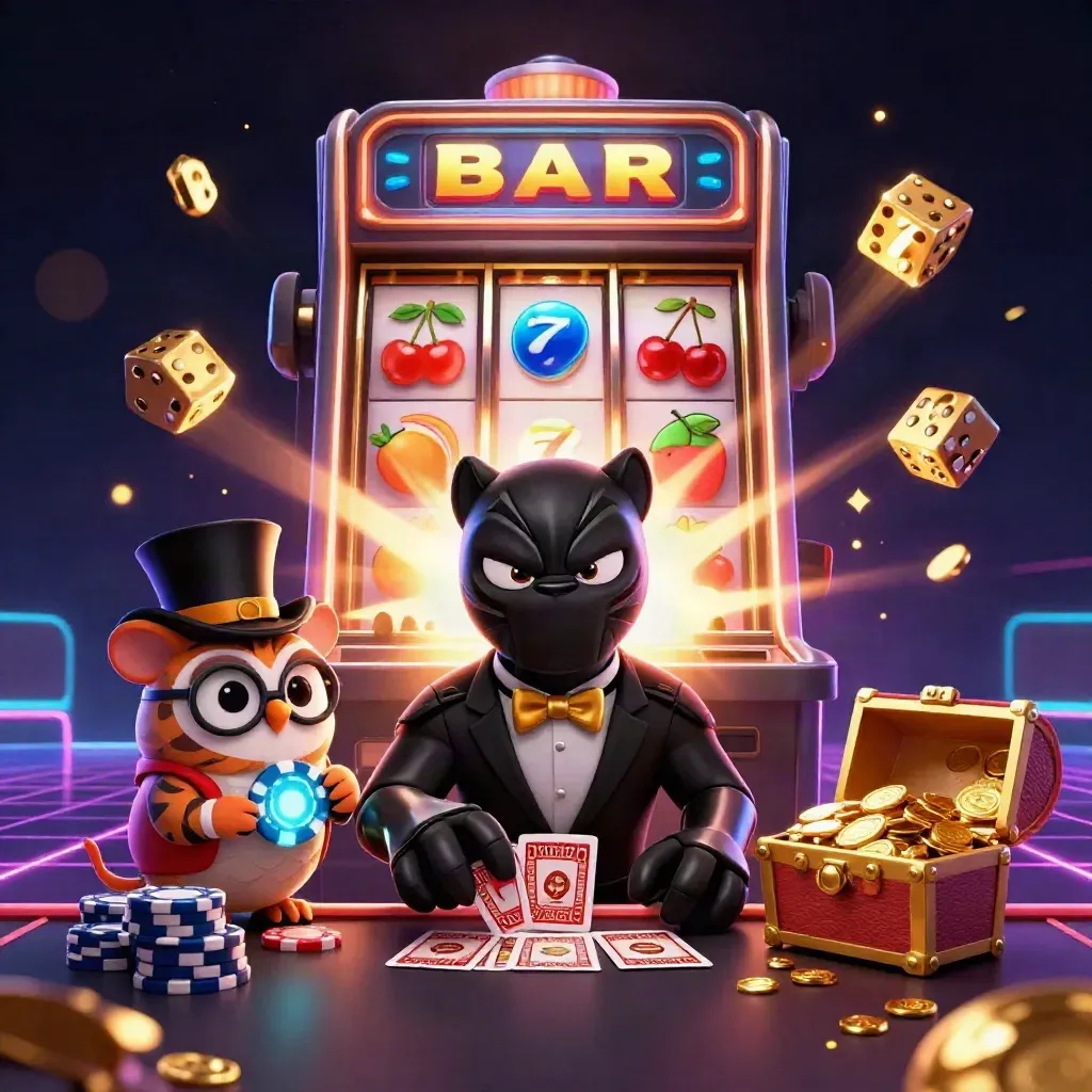 Panther, owl, and mouse amid exploding slot reels, chips, dice, and gold in neon casino lighting