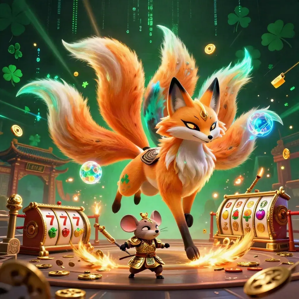 Nine-tailed fox spirit with armored mouse amid neon casino effects and slot symbols