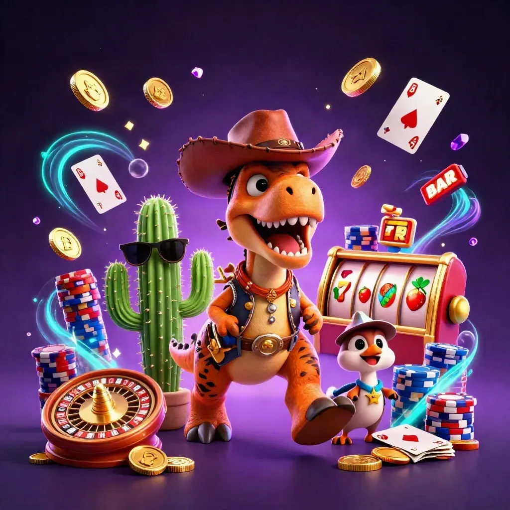 Cowboy T-Rex, cactus, and roadrunner amid neon casino chips, reels, coins, and glowing energy
