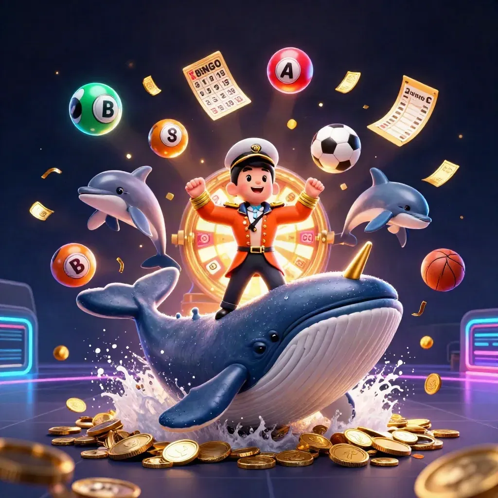 Whale captain, narwhal and dolphins amid casino coins, lottery balls and neon esports glow.