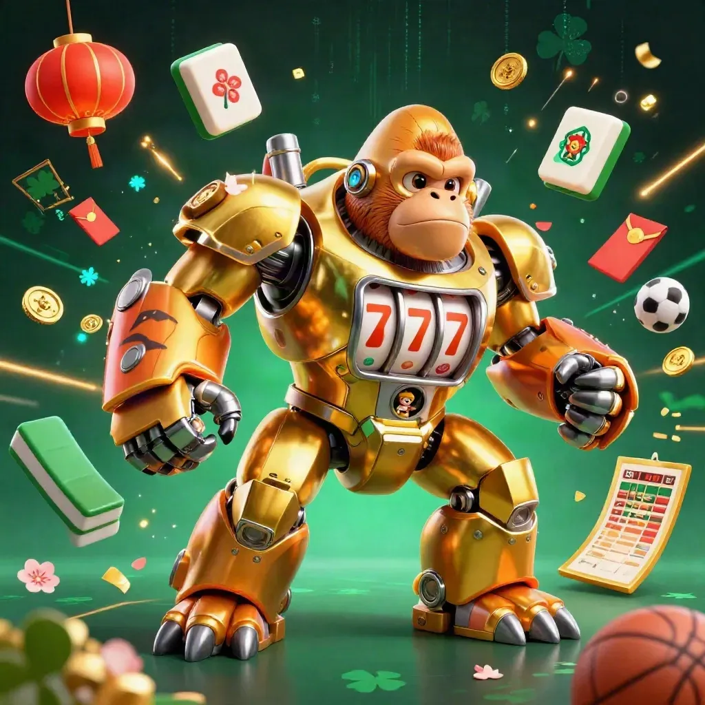 Golden gorilla slot-mech with monkey pilot, neon casino effects, sports balls, and glowing rewards.