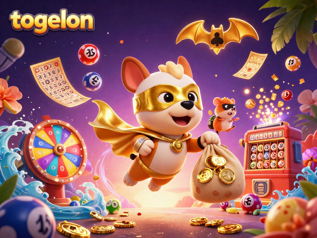 Engage with togelon as a superhero dog flies carrying coins in a vibrant casino-themed 3D scene.