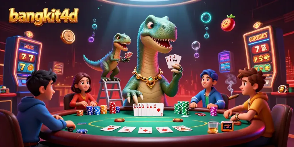 Pemain bangkit4d menikmati permainan dengan jackpot penuh warna di meja poker yang ramai.