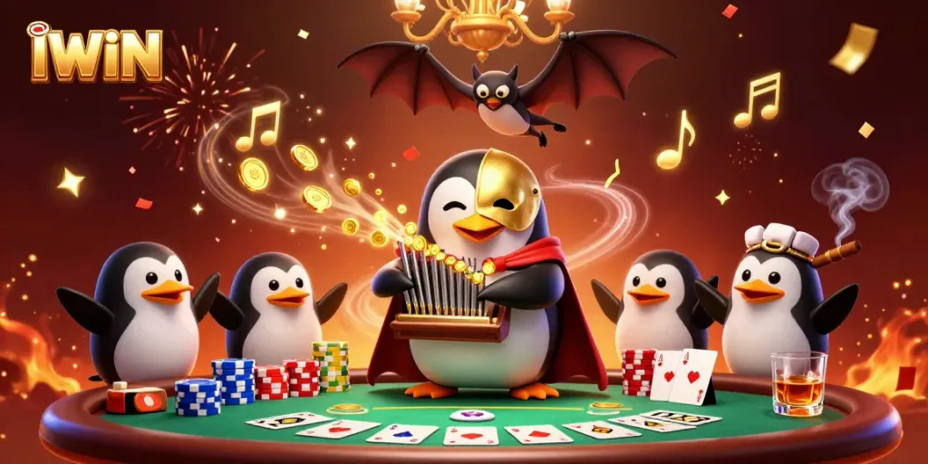 IWIN immersive gaming experience with a golden coin shooting organ and enchanting characters.