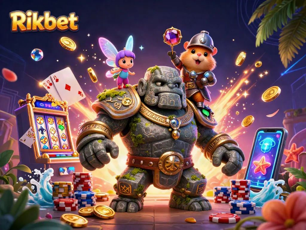 Spin the reels and win with Rikbet in this vibrant 3D casino scene filled with action.