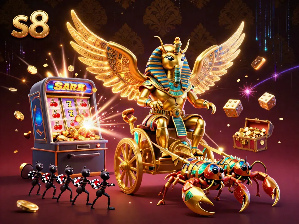 Experience exciting gameplay with s8 in a vibrant casino scene featuring a golden scarab and riches.