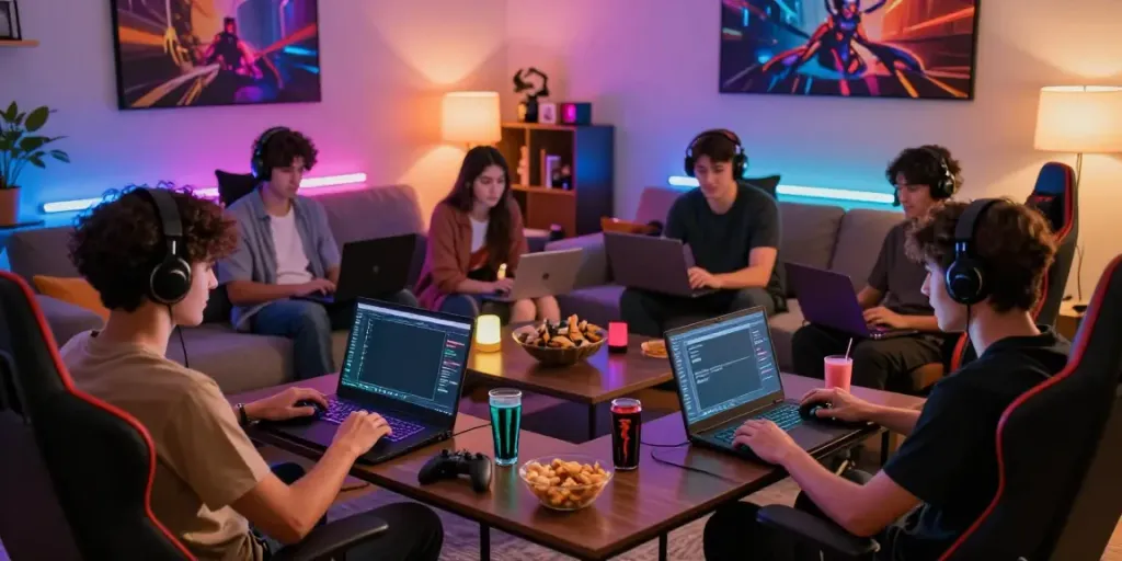 Group of friends enjoying akunjp online gaming session in a vibrant living room.