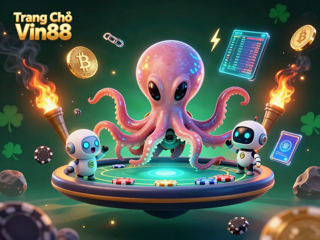 Engage in thrilling gameplay at Trang Chủ Vin88 with immersive poker sessions alongside an alien octopus and crypto elements.