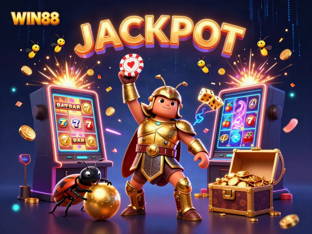 Join the WIN88 adventure with a victorious beetle hero lifting a poker chip in a vibrant casino scene.