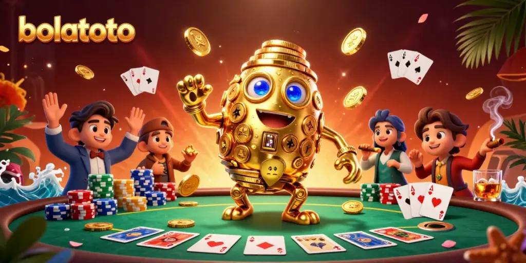 Experience thrilling gaming with bolatoto's vibrant 3D illustration of a golden golem amid poker elements.