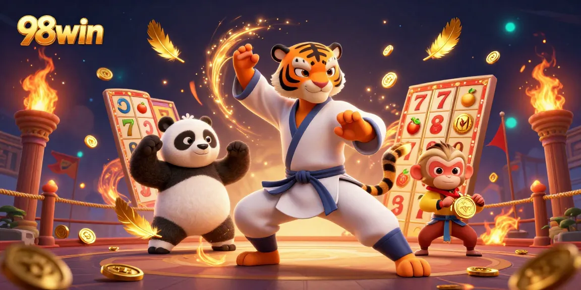 Experience the thrill of gaming with 98win's dynamic slot scene featuring engaging characters and vibrant elements.