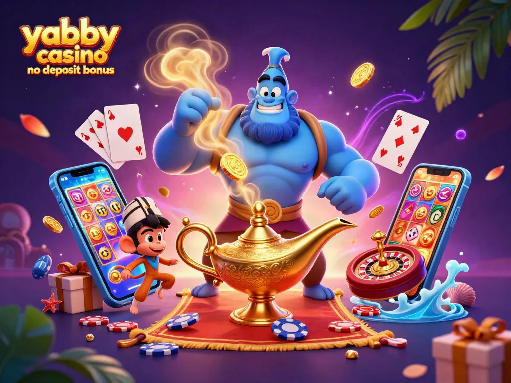 Experience the excitement of yabby casino no deposit bonus with vibrant 3D casino scene featuring winning elements.