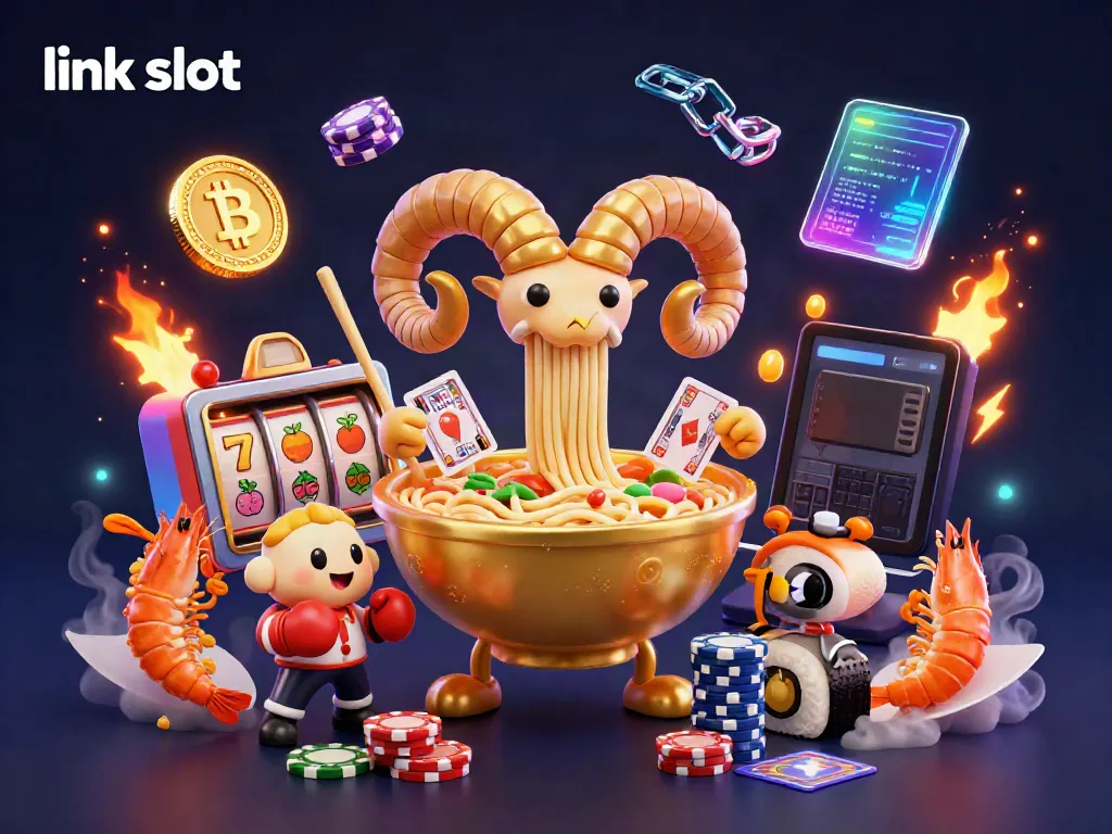 Engage with the vibrant link slot scene featuring a golden ramen bowl dealer in a dynamic casino, surrounded by celebratory elements.