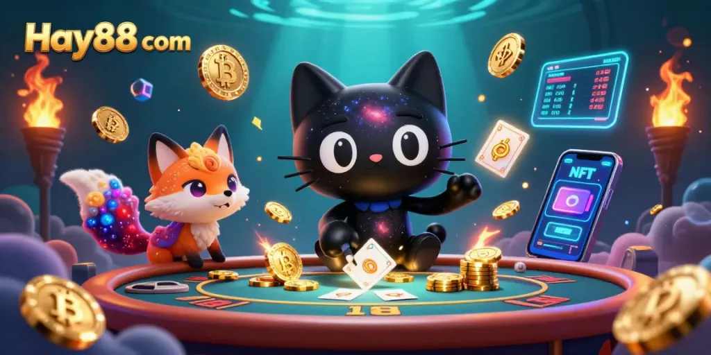 Experience exciting gameplay at Hay88 com with a vibrant cosmic casino scene featuring dynamic characters and crypto elements.