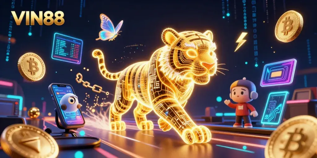 Experience the thrill of the VIN88 digital casino with a neon tiger and holographic elements.