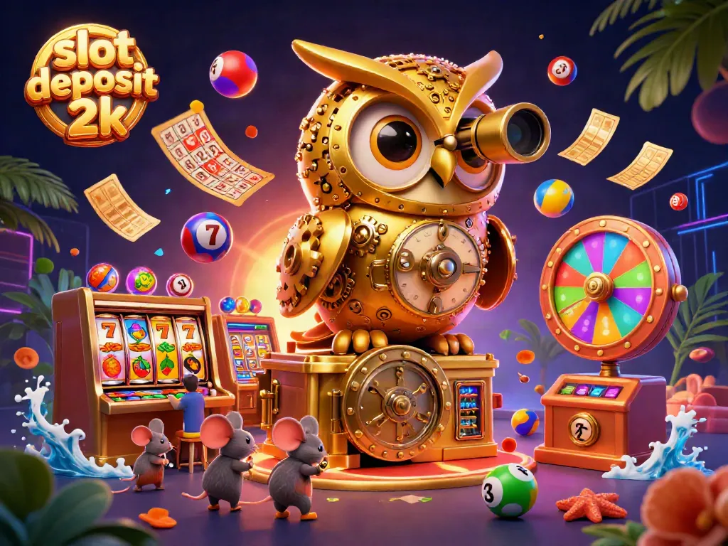 Engage with slot deposit 2k as owl watches thrilling casino scene filled with vibrant slot machines.