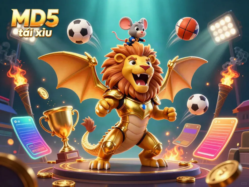 Experience thrilling MD5 tài xỉu gameplay with exhilarating sports elements swirling around a chimera in golden armor.