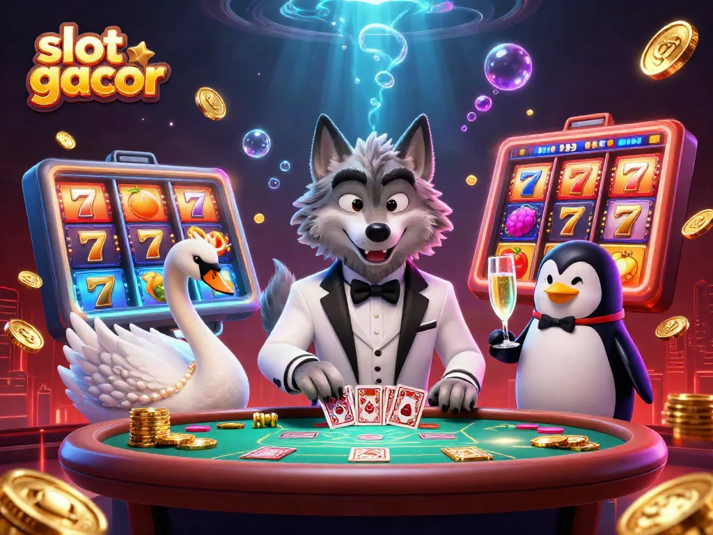 Engaging illustration depicting a debonair wolf and swan at a vibrant slot gacor casino scene.