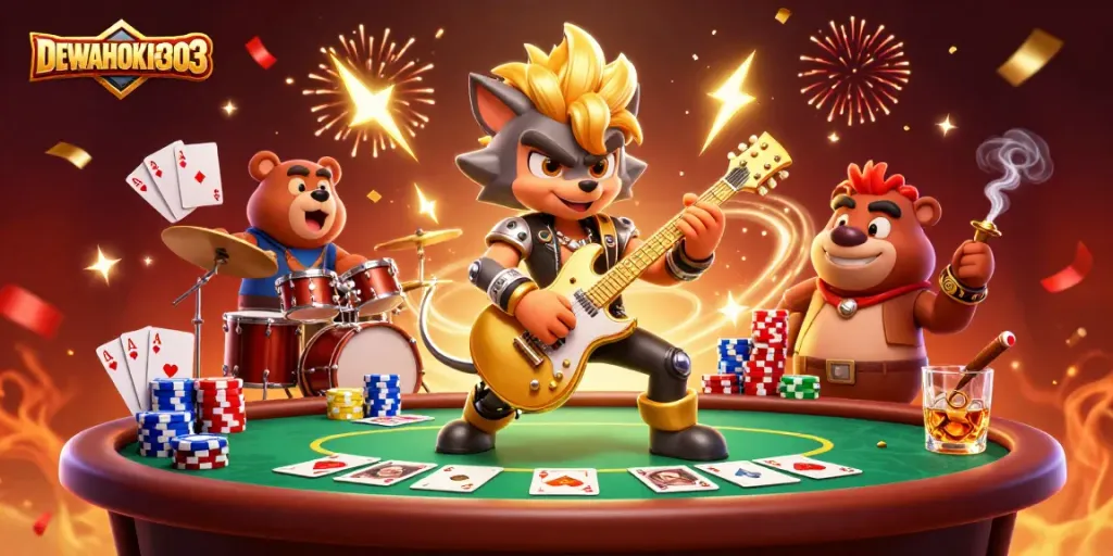 DEWAHOKI303 menampilkan slot online dan elemen kasino dengan karakter unik dalam ilustrasi 3D.