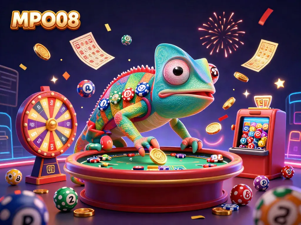 Immerse in MPO08's vibrant online casino scene with a chameleon owner and festive game elements.