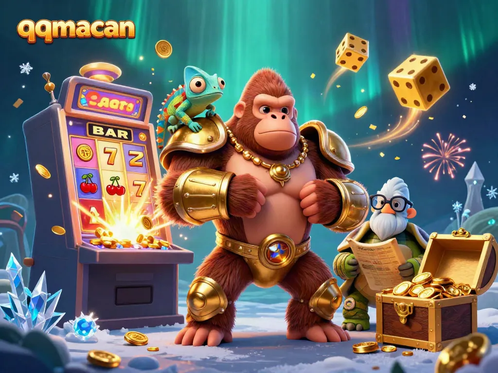 Experience exciting gameplay with qqmacan's dynamic casino scene featuring a gorilla king and vibrant gaming elements.