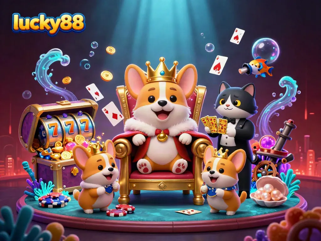 Experience the exciting gameplay of lucky88 with a royal corgi on a throne and vibrant casino elements